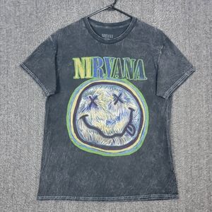 Nirvana T-Shirt Mens M Gray & Green Nevermind Smiley Face Short Sleeve Crewneck